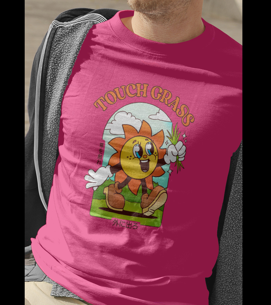 TOUCH GRASS Hellvetika Sunflower Character Boots Japan Text T-Shirt