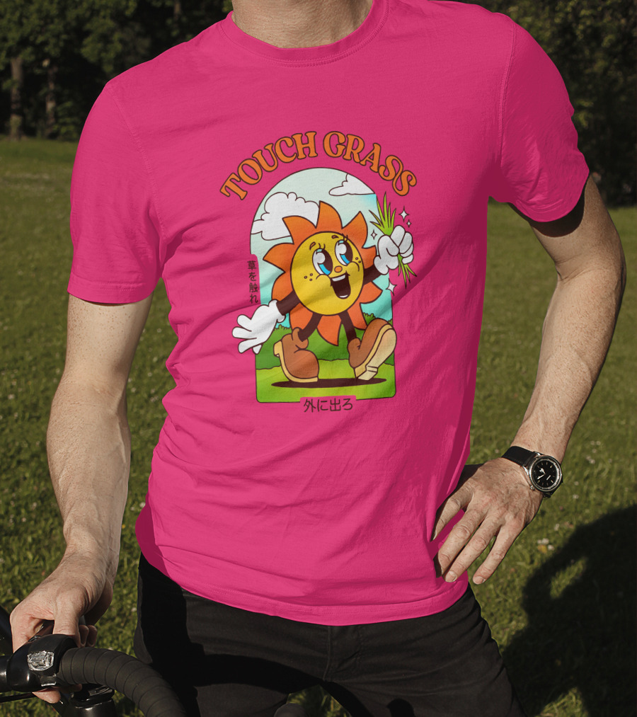 TOUCH GRASS Hellvetika Sunflower Character Boots Japan Text T-Shirt