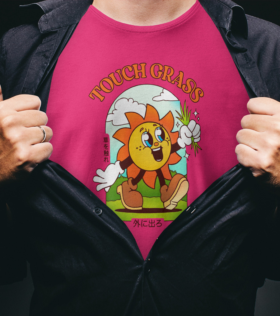 TOUCH GRASS Hellvetika Sunflower Character Boots Japan Text T-Shirt