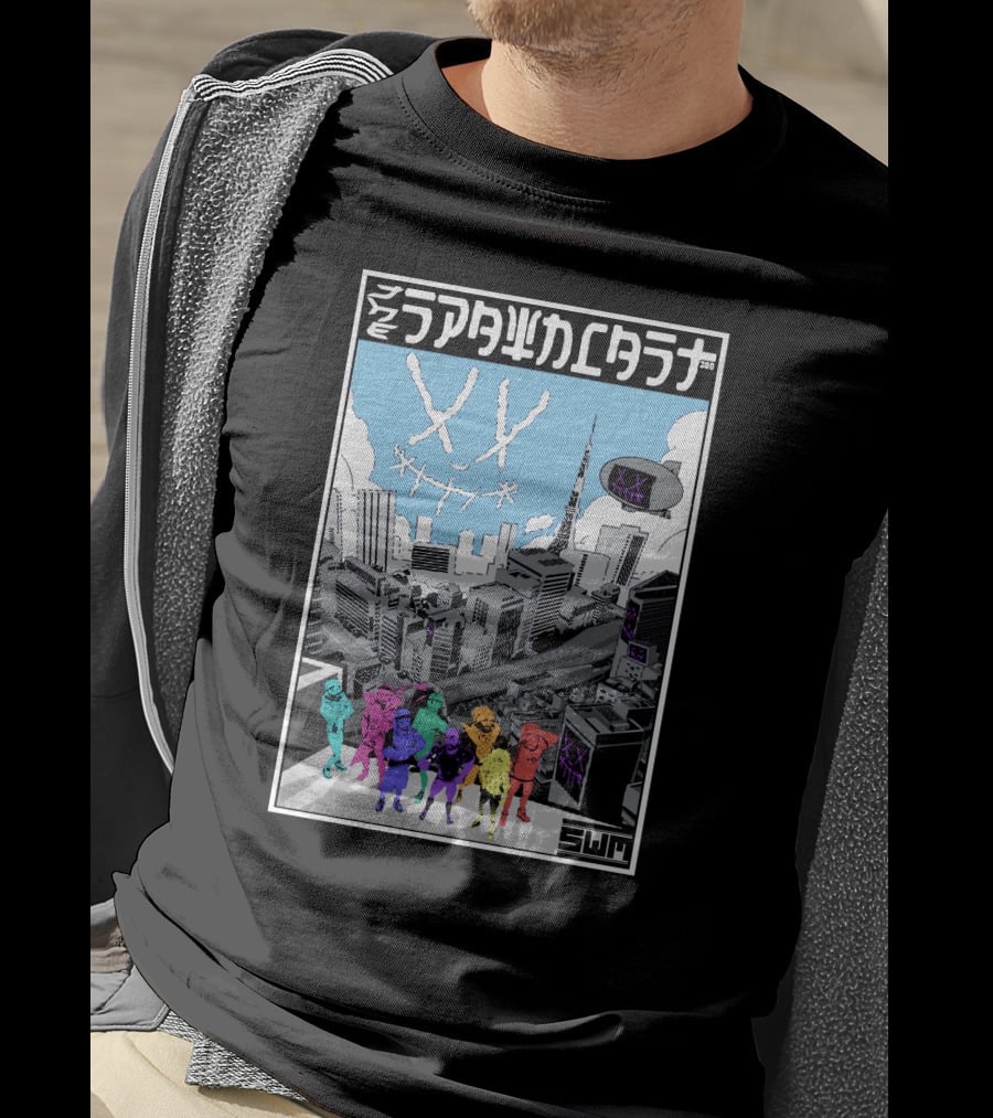 Spawncast Cyberpunk Cityscape With Masked Figures And Smiling Skyline Eyes T-Shirt
