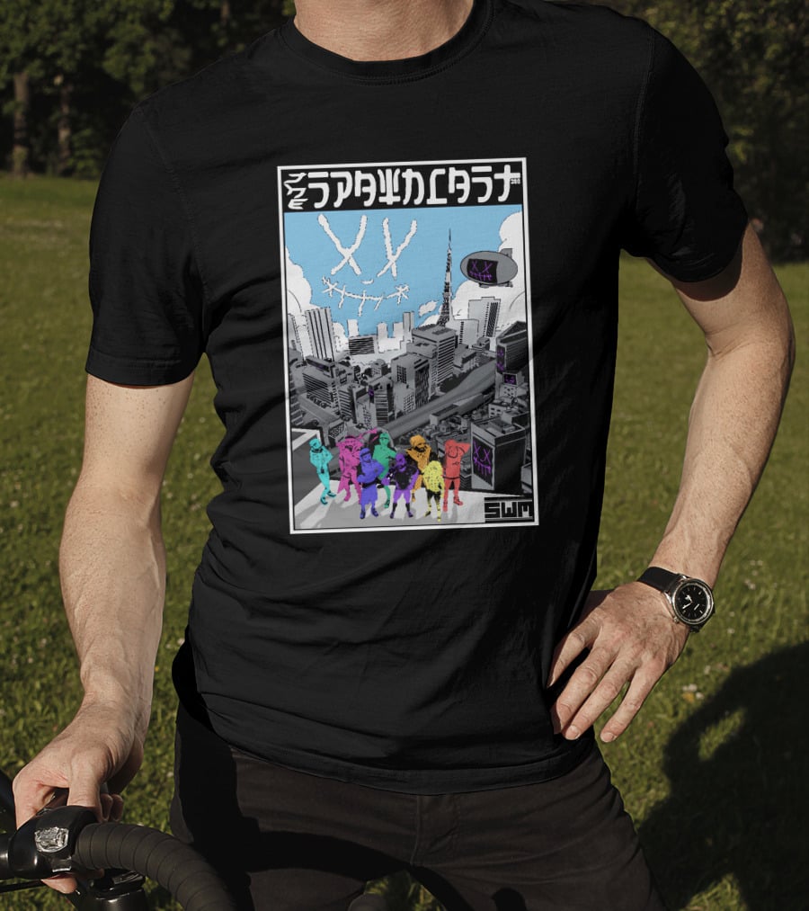 Spawncast Cyberpunk Cityscape With Masked Figures And Smiling Skyline Eyes T-Shirt