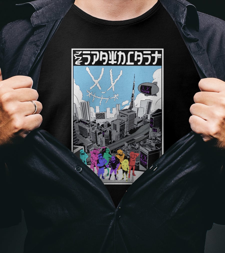 Spawncast Cyberpunk Cityscape With Masked Figures And Smiling Skyline Eyes T-Shirt