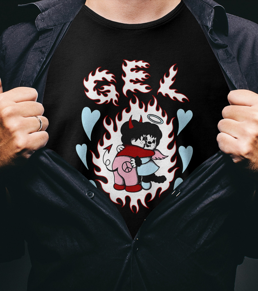 GEL Flaming Angels And Demons Embrace With Hearts T-Shirt