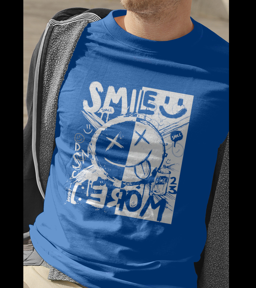 Smile More April Members Only Blue Grunge Style Smiley Face T-Shirt
