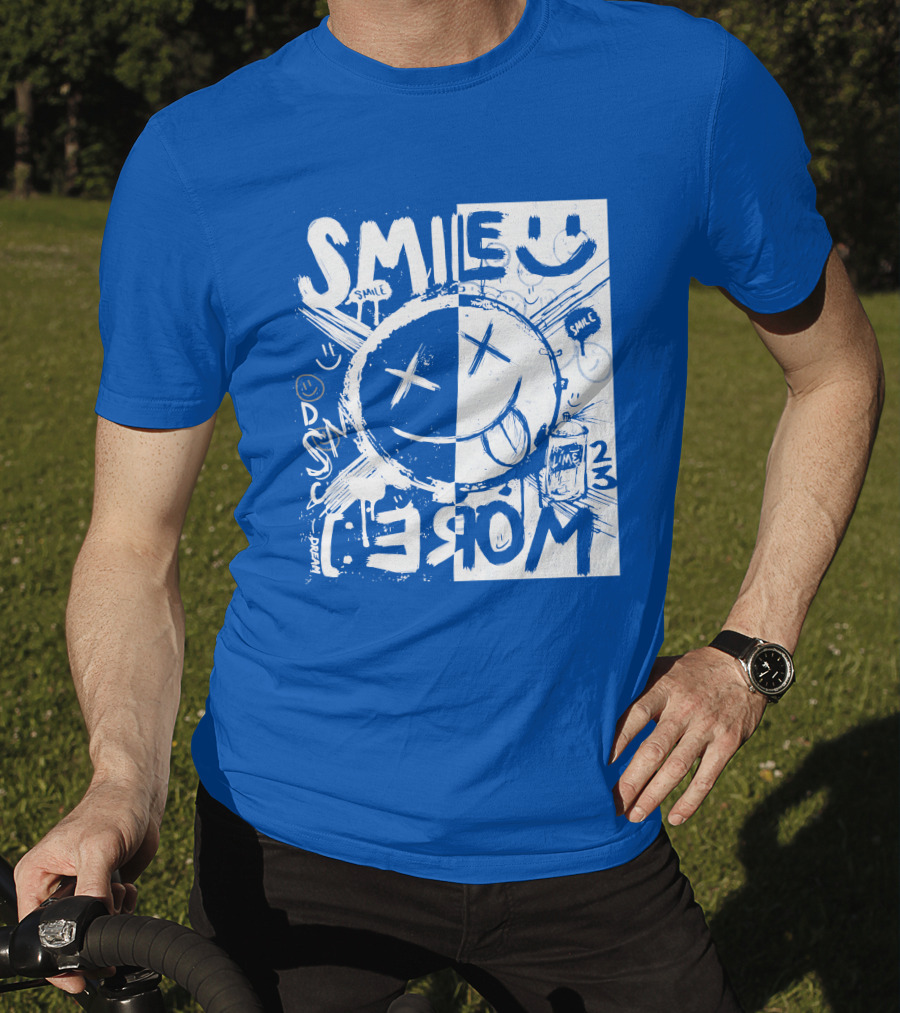 Smile More April Members Only Blue Grunge Style Smiley Face T-Shirt