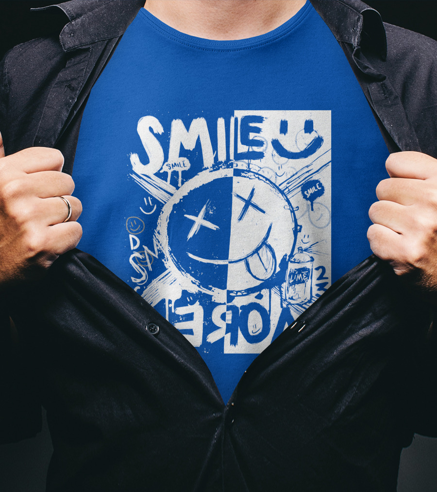Smile More April Members Only Blue Grunge Style Smiley Face T-Shirt