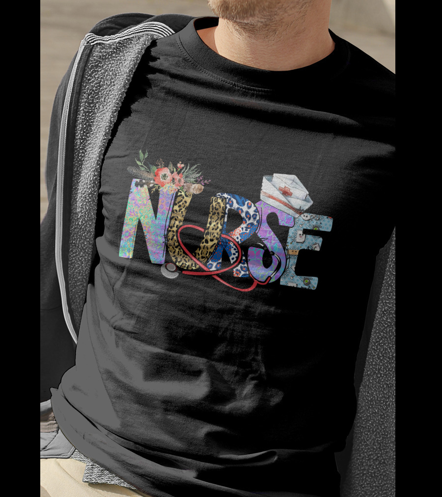 Nurse Colorful Floral Animal Print Stethoscope Hat T-Shirt