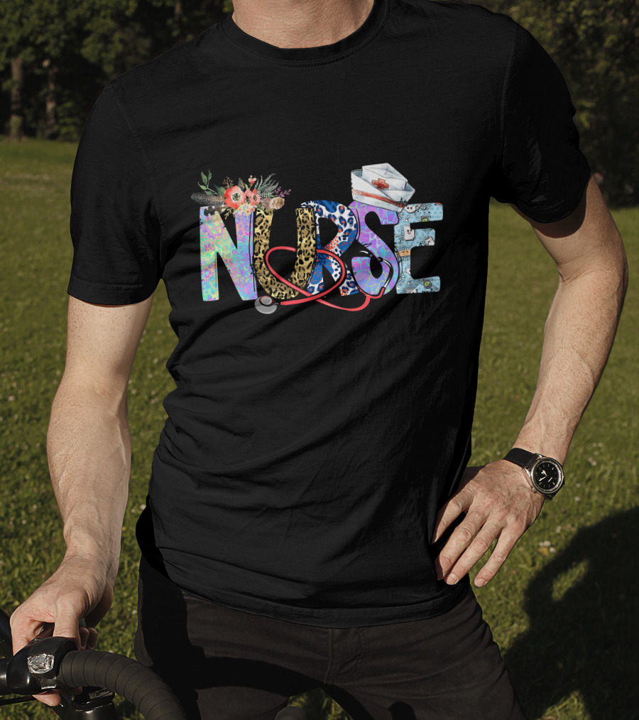 Nurse Colorful Floral Animal Print Stethoscope Hat T-Shirt