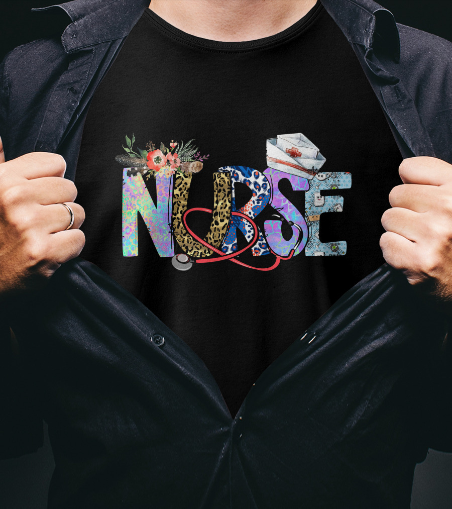 Nurse Colorful Floral Animal Print Stethoscope Hat T-Shirt