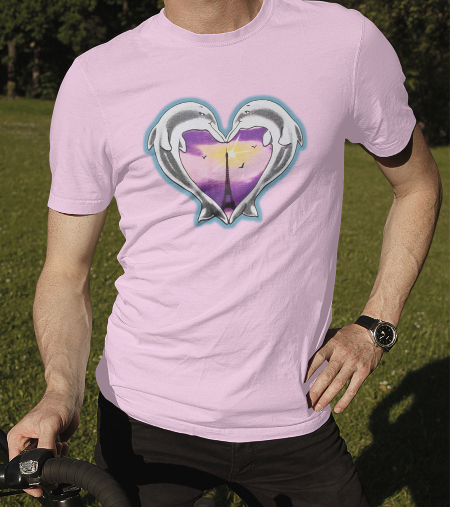 Dolphins Heart Eiffel Tower Sunset Paris Pink Background T-Shirt