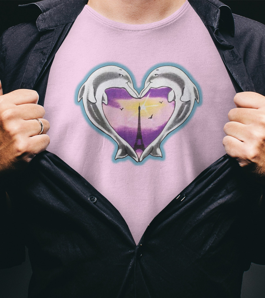 Dolphins Heart Eiffel Tower Sunset Paris Pink Background T-Shirt