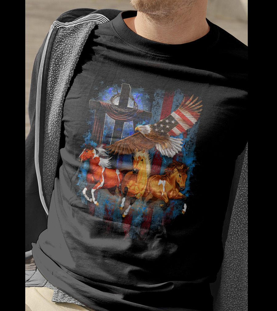 GOD Horse American Flag Eagle Cross T-Shirt