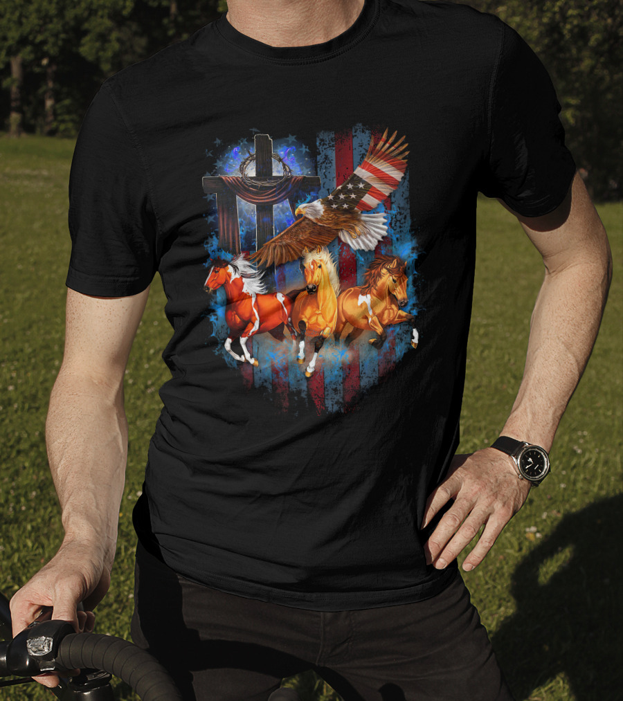 GOD Horse American Flag Eagle Cross T-Shirt
