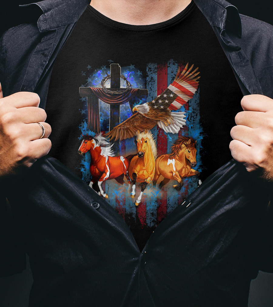 GOD Horse American Flag Eagle Cross T-Shirt