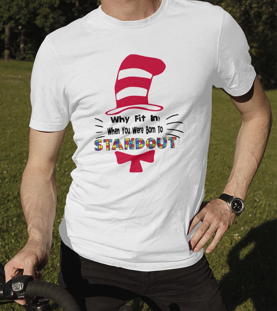 Why Fit In When You Were Born To Standout Autism Cat Hat Puzzle T-Shirt