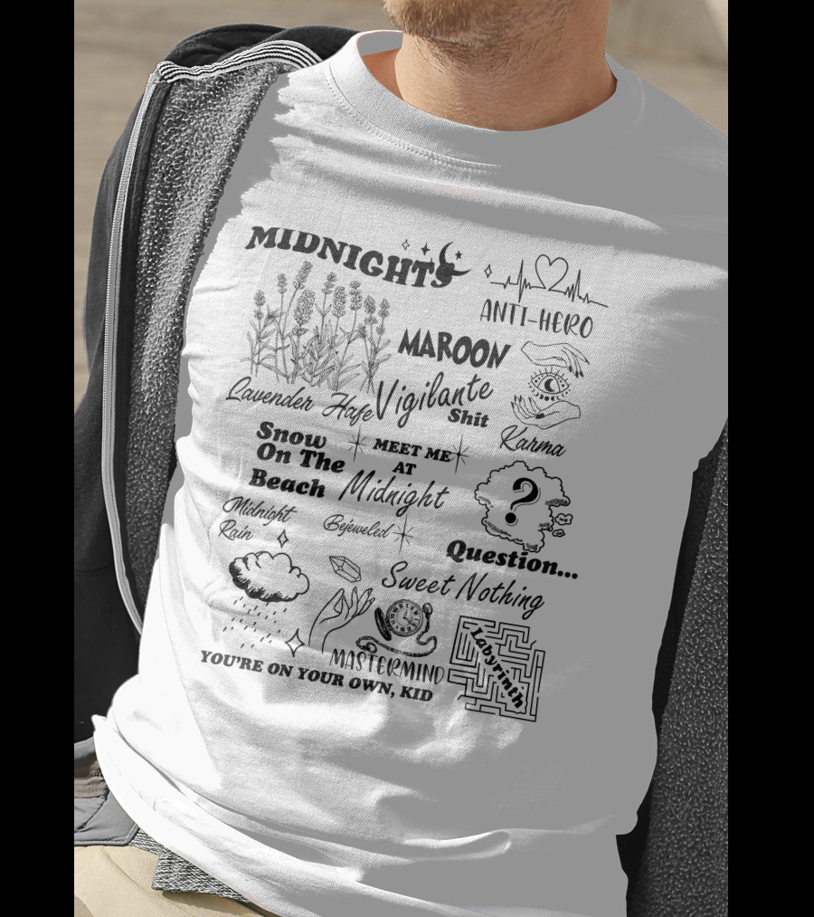 Taylor Swift Midnights Lavender Haze Anti-Hero Maroon Snow On The Beach Karma Question Sweet Nothing Mastermind T-Shirt