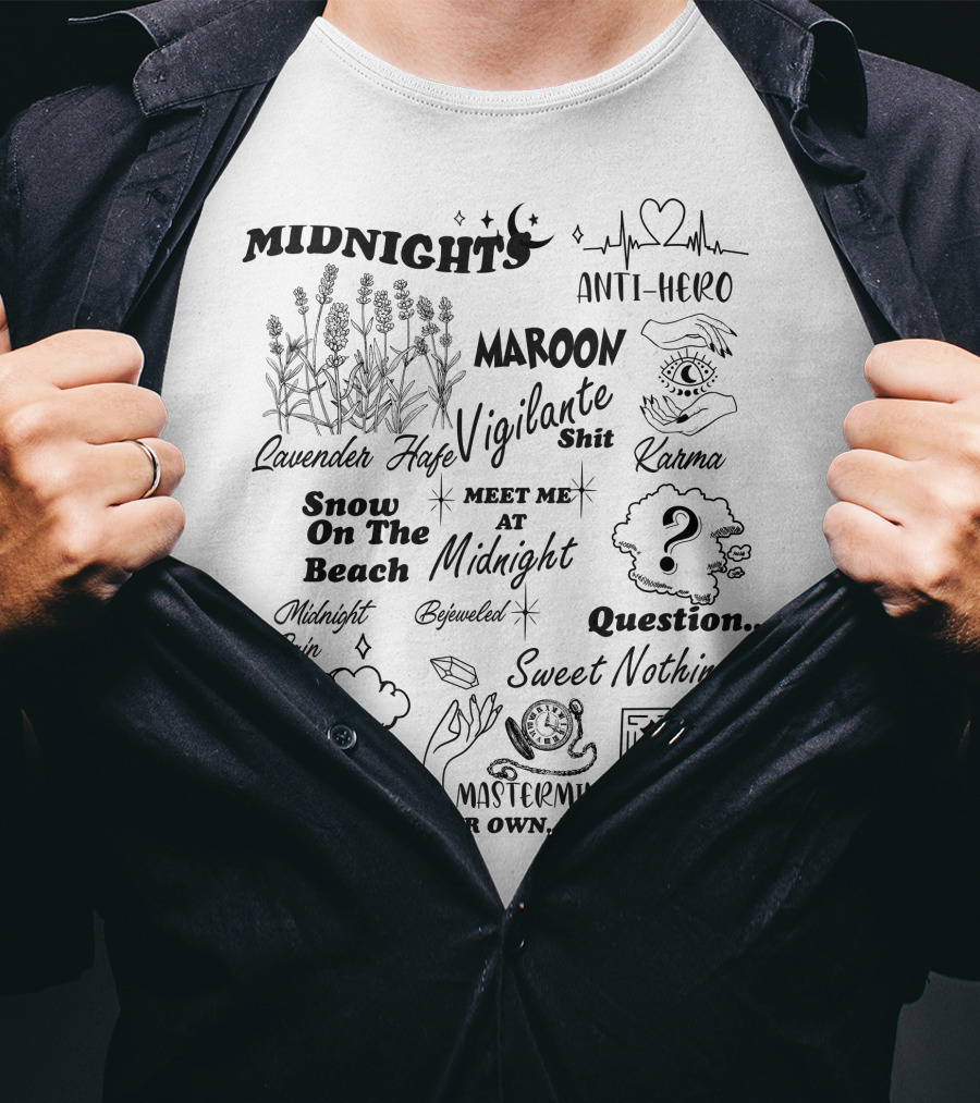 Taylor Swift Midnights Lavender Haze Anti-Hero Maroon Snow On The Beach Karma Question Sweet Nothing Mastermind T-Shirt