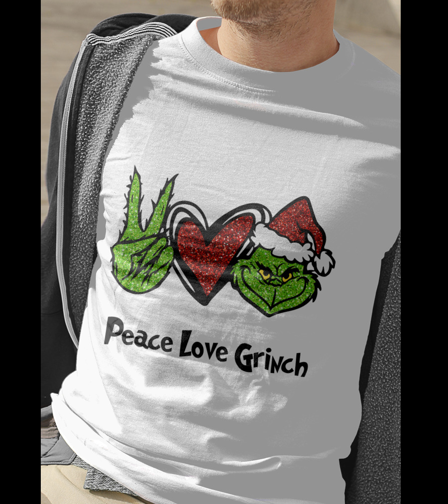 Peace Love Grinch Glitter Christmas Santa Hat T-Shirt