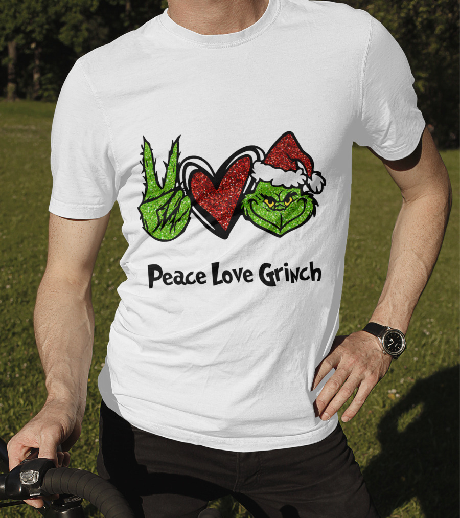 Peace Love Grinch Glitter Christmas Santa Hat T-Shirt