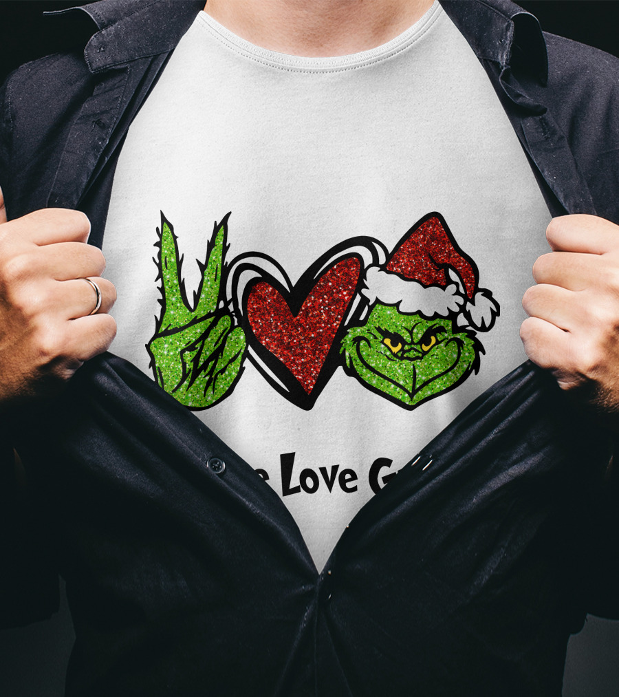 Peace Love Grinch Glitter Christmas Santa Hat T-Shirt