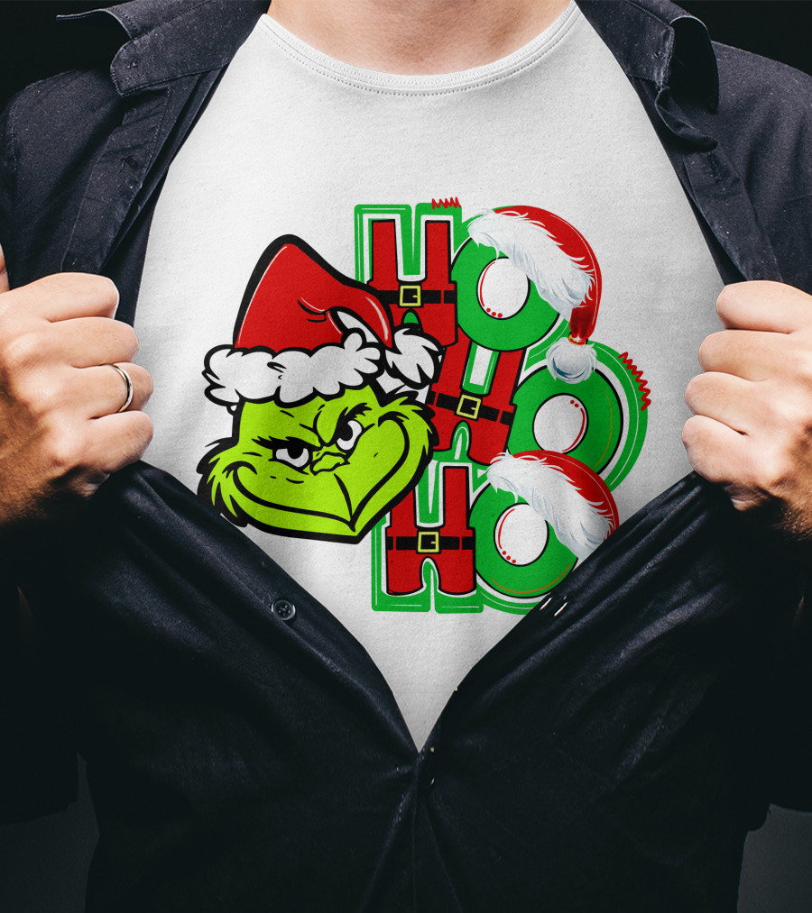 Grinch Ho Ho Ho Santa Hat Christmas T-Shirt