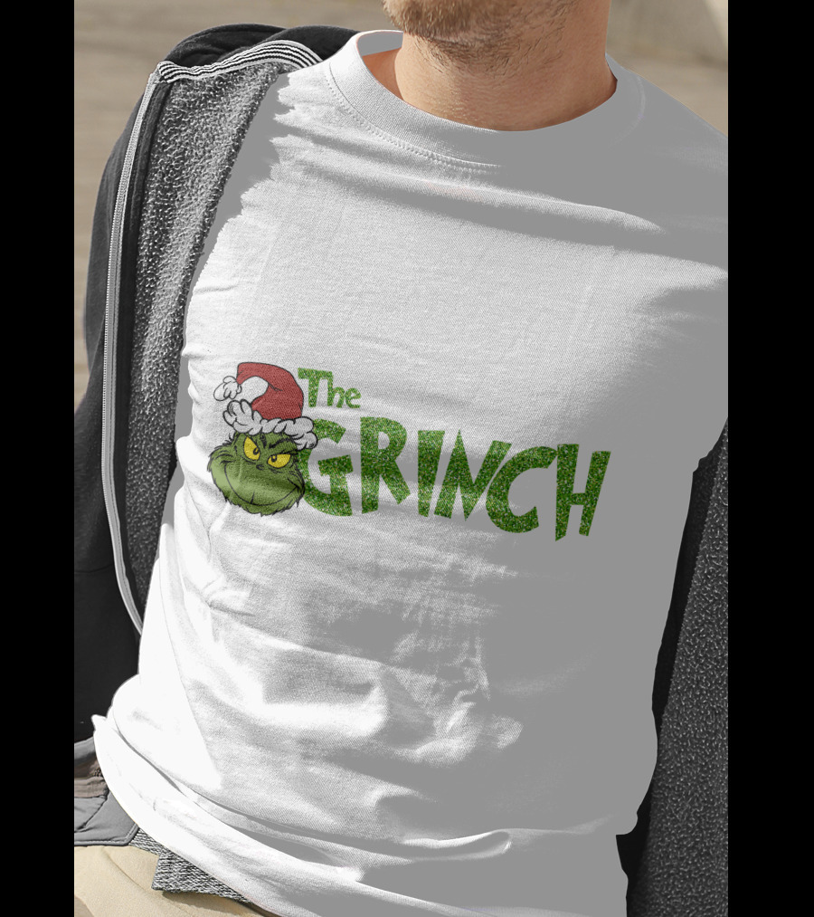 The Grinch Santa Hat Christmas Green Glittery Text T-Shirt
