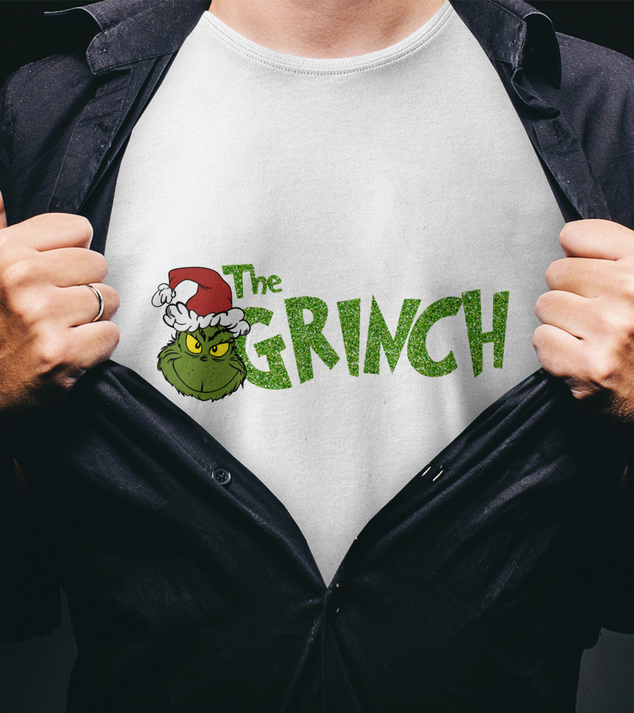 The Grinch Santa Hat Christmas Green Glittery Text T-Shirt