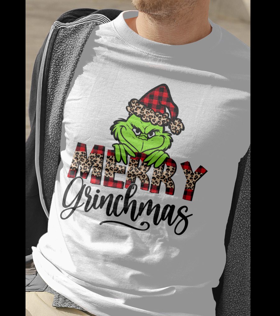 Merry Grinchmas Red Plaid And Leopard Print Christmas Grinch T-Shirt