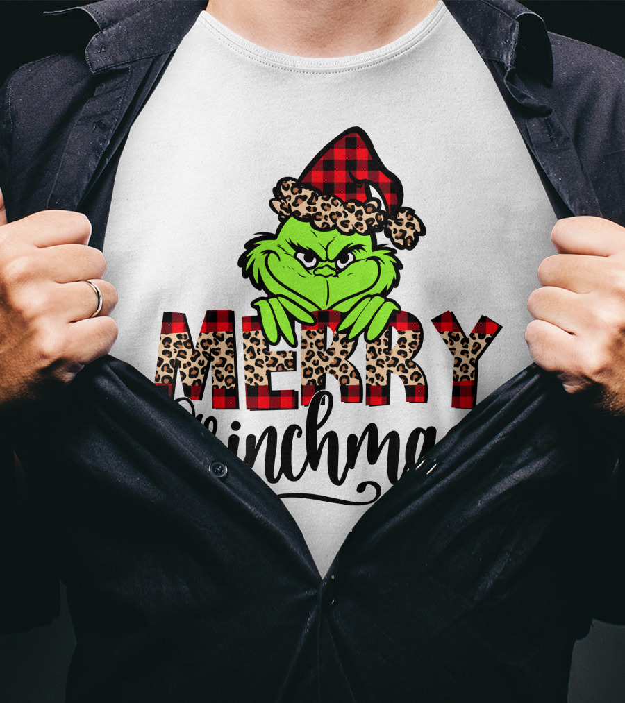 Merry Grinchmas Red Plaid And Leopard Print Christmas Grinch T-Shirt