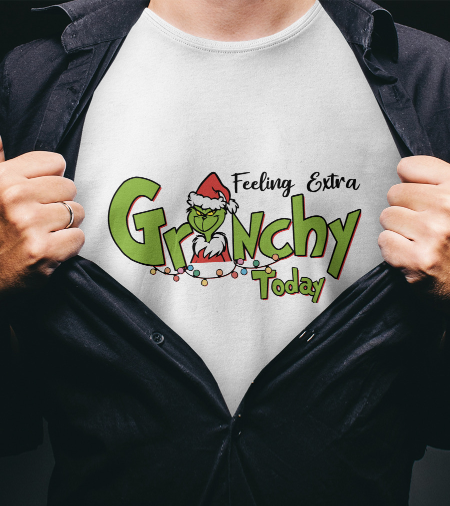 Feeling Extra Grinchy Today Santa Hat Christmas Lights T-Shirt
