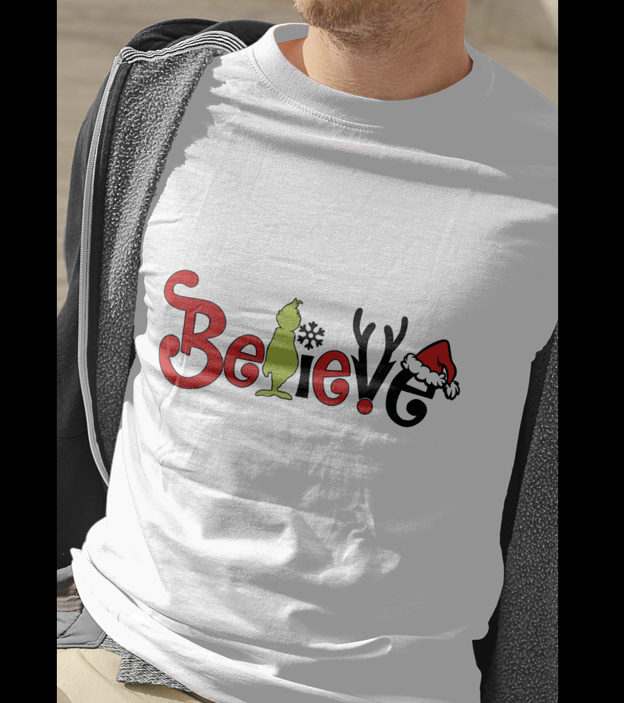 Grinch Believe Christmas Santa Hat Antlers T-Shirt