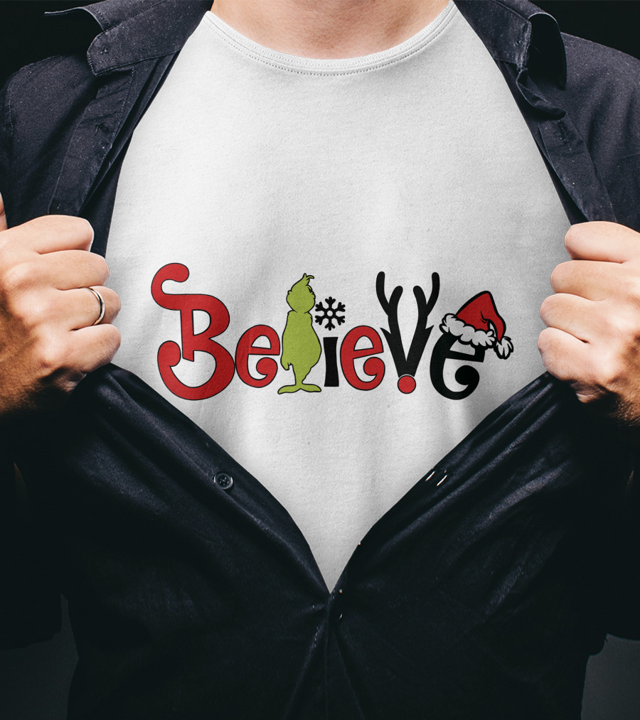 Grinch Believe Christmas Santa Hat Antlers T-Shirt