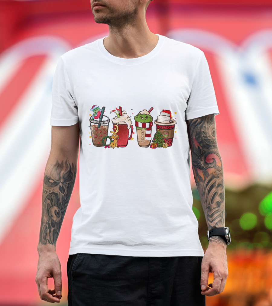 Grinch Christmas Coffee Drinks with Santa Hats and Holiday Decorations T-Shirt