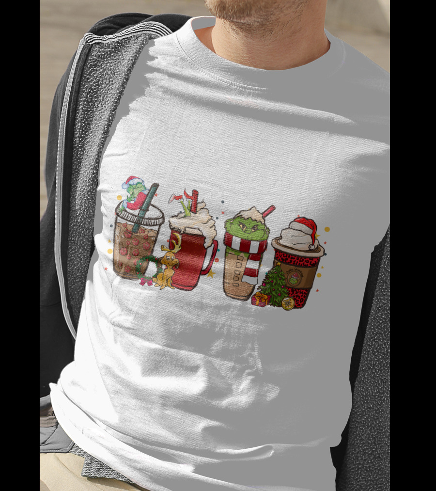 Grinch Christmas Coffee Drinks With Santa Hats And Holiday Decorations T-Shirt