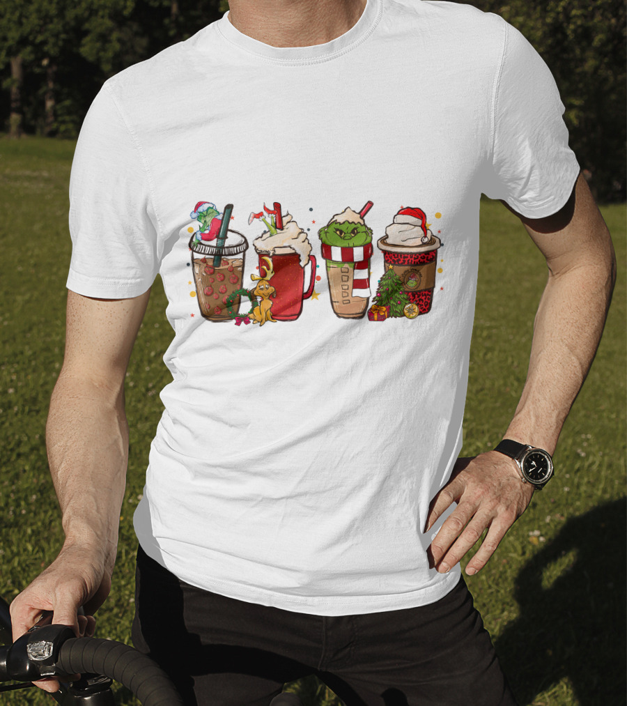 Grinch Christmas Coffee Drinks With Santa Hats And Holiday Decorations T-Shirt