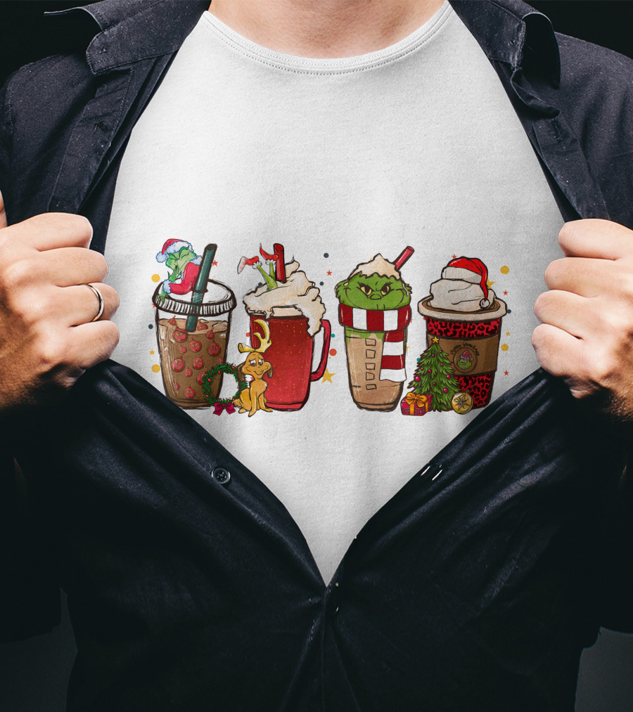 Grinch Christmas Coffee Drinks With Santa Hats And Holiday Decorations T-Shirt