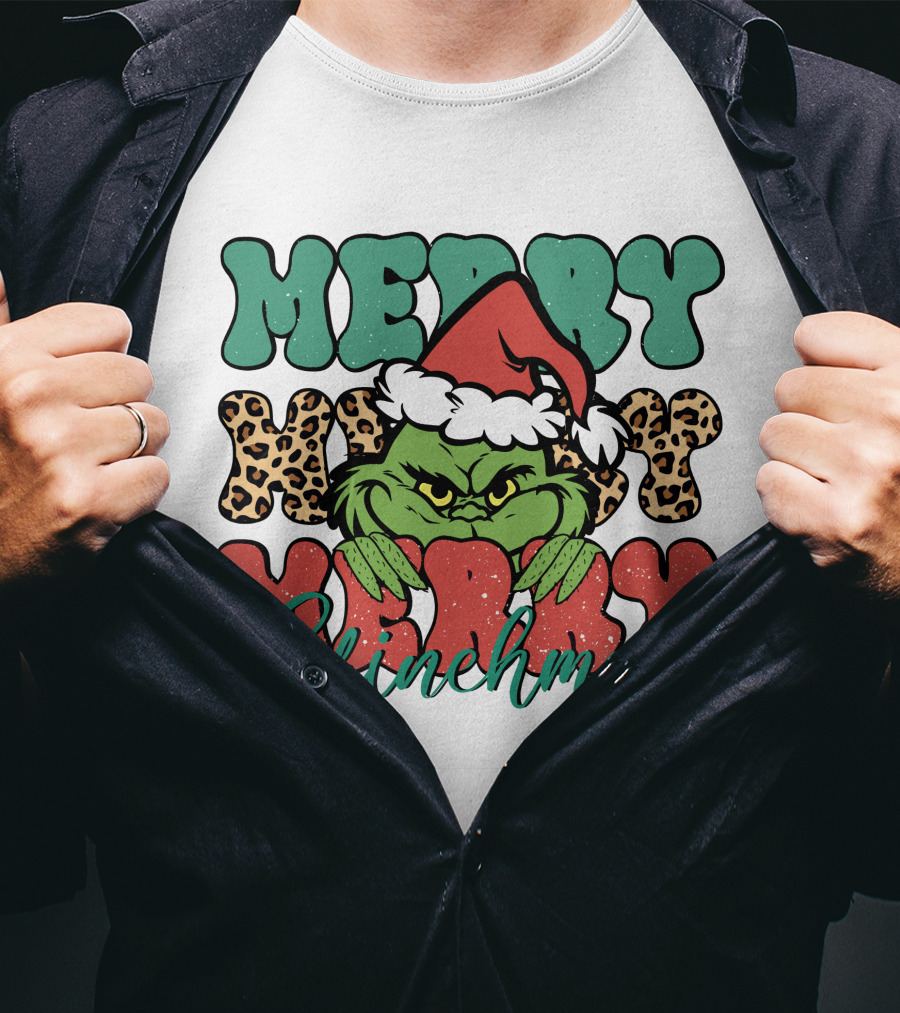 Merry Grinchmas Merry Merry Merry Grinch Christmas Santa Hat Green Face Leopard Print T-Shirt