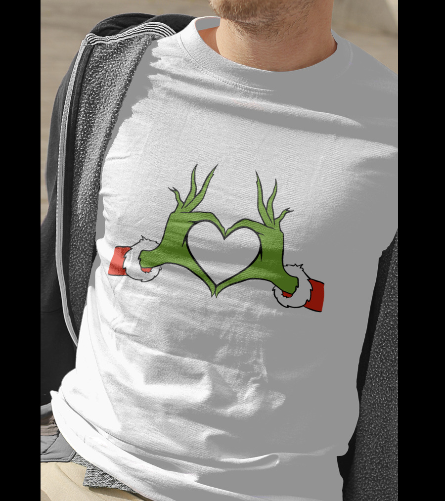 Grinch Hand Heart Christmas Santa Sleeve T-Shirt