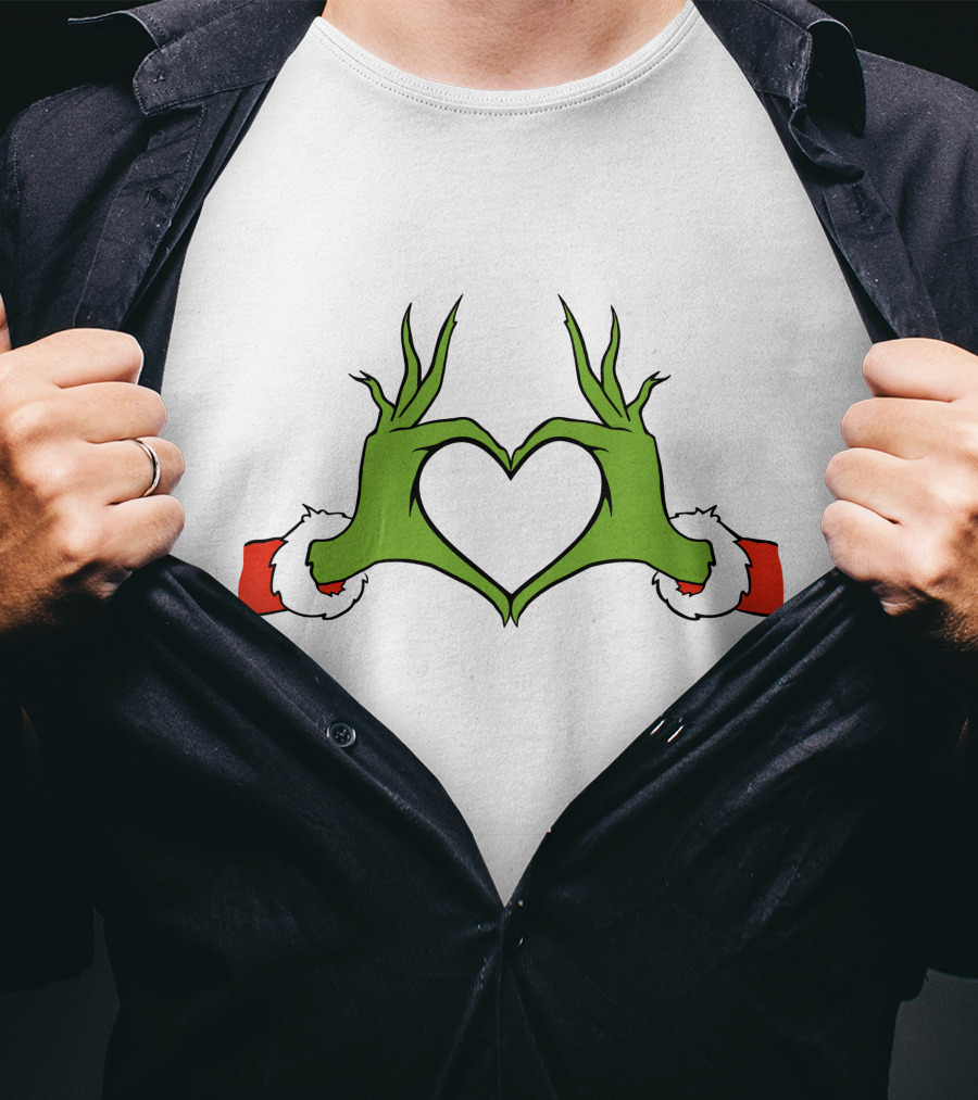 Grinch Hand Heart Christmas Santa Sleeve T-Shirt