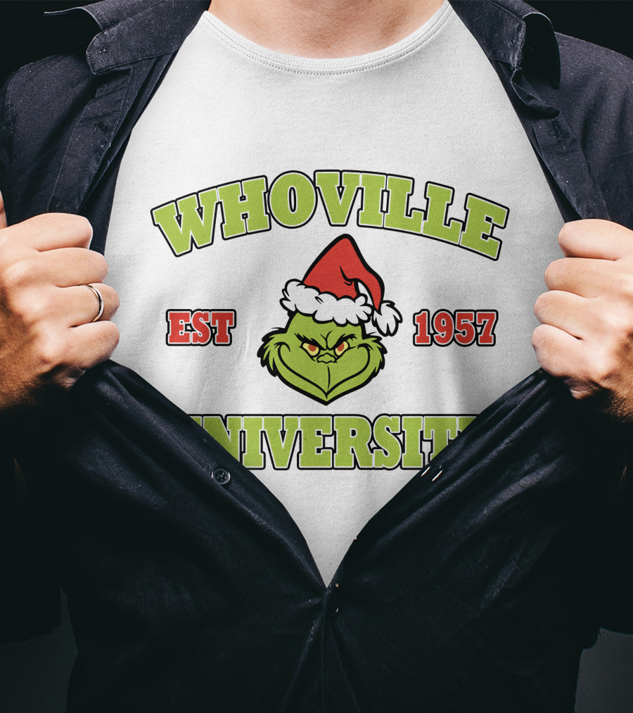 Whoville University Est 1957 Grinch Santa Hat T-Shirt