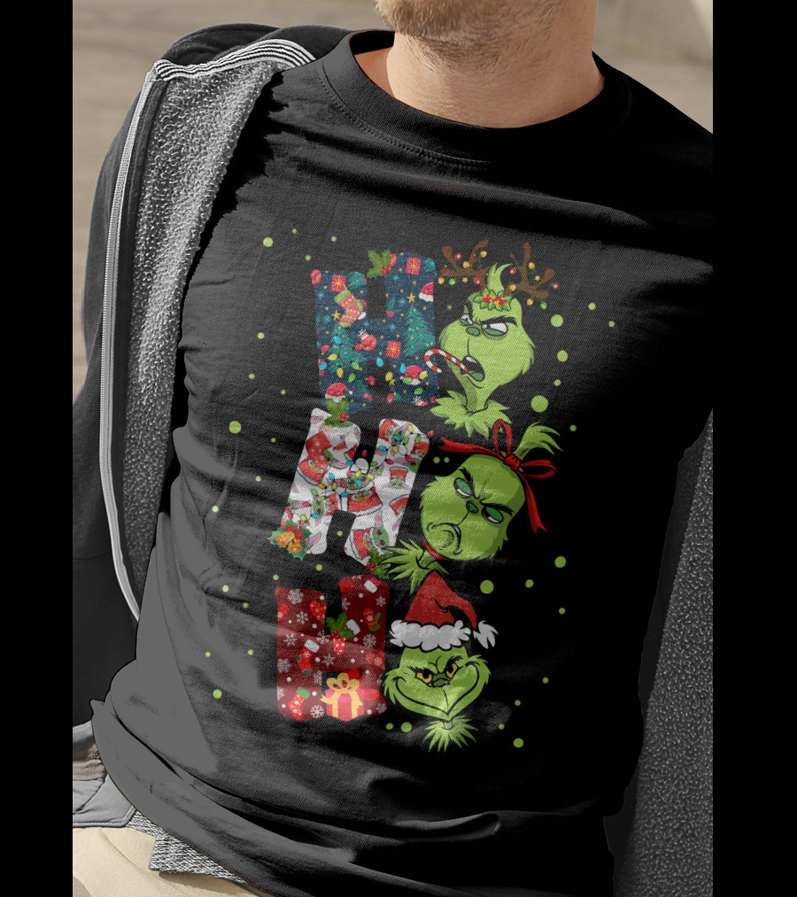 Grinch Ho Ho Ho Christmas Characters With Antlers And Santa Hat T-Shirt