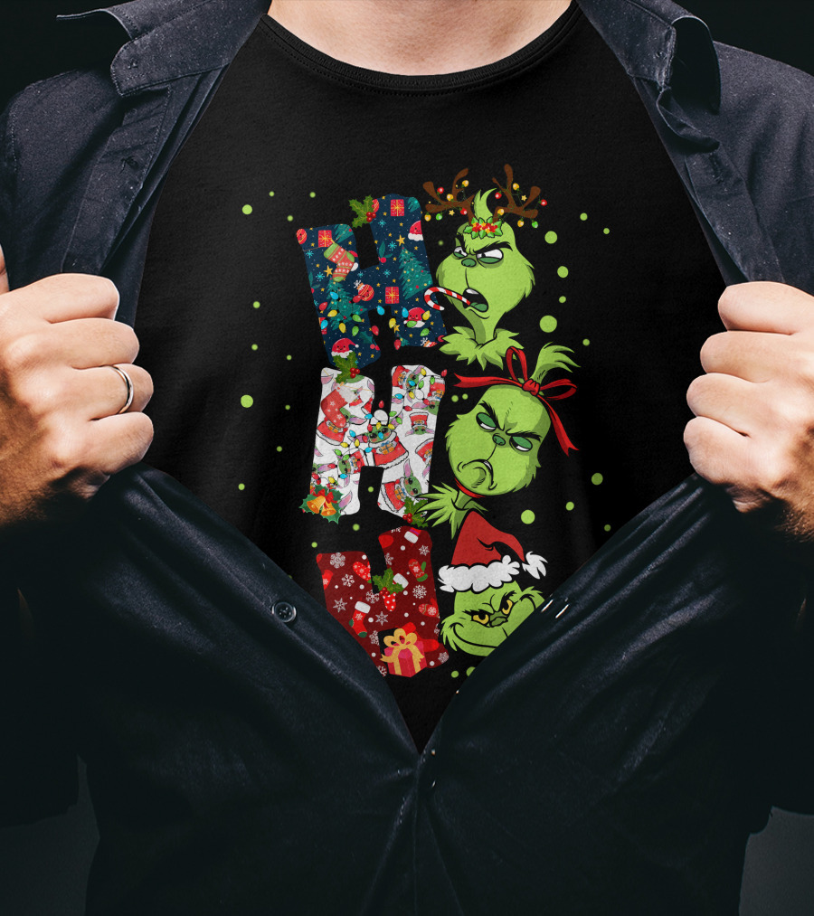 Grinch Ho Ho Ho Christmas Characters With Antlers And Santa Hat T-Shirt