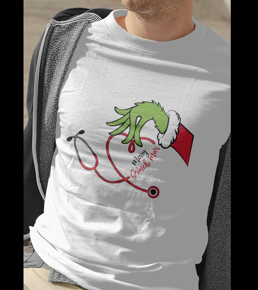 Merry Grinchmas Nurse Stethoscope Christmas Grinch Hand T-Shirt