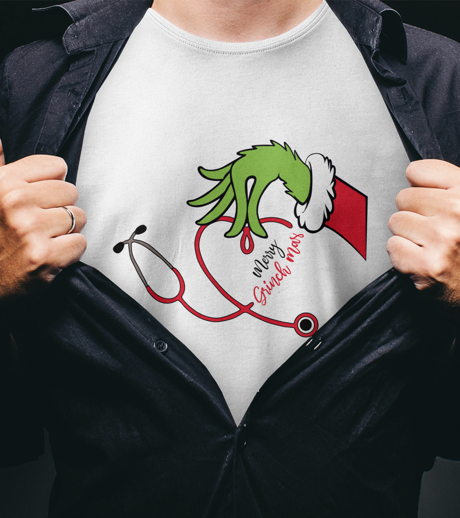Merry Grinchmas Nurse Stethoscope Christmas Grinch Hand T-Shirt