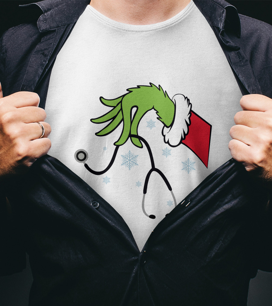 Grinch Nurse Christmas Doctor Stethoscope Hand Snowflakes T-Shirt