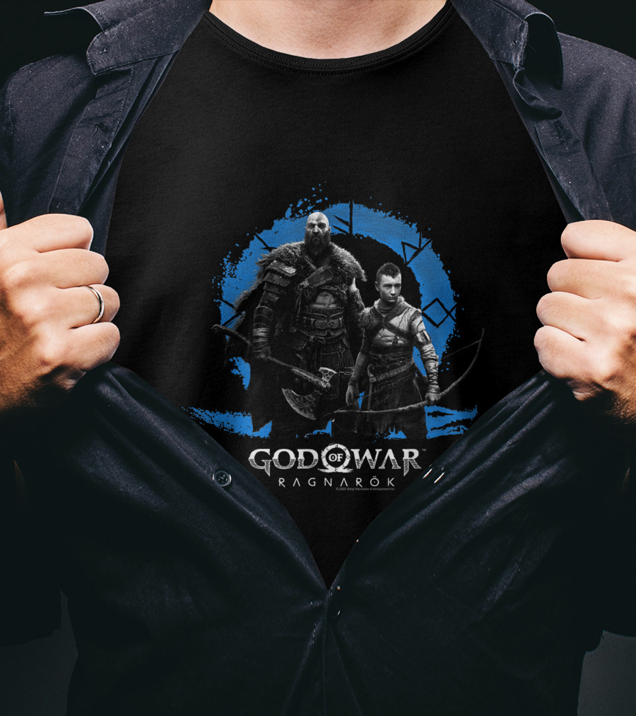 Kratos And Atreus In God Of War Ragnarok Symbolic Blue Circle T-Shirt