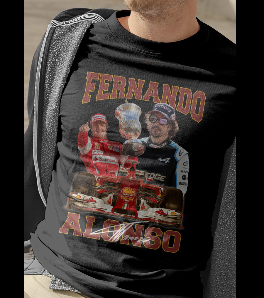 Fernando Alonso F1 Racing Legend With Trophy And Cars T-Shirt