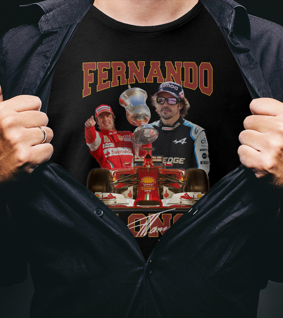 Fernando Alonso F1 Racing Legend With Trophy And Cars T-Shirt