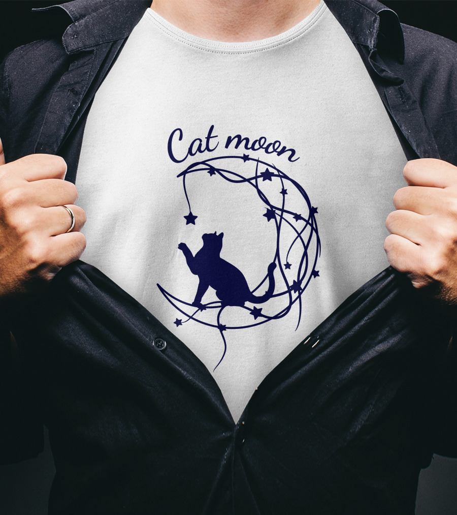 Cat Moon Silhouette With Stars And Vines T-Shirt
