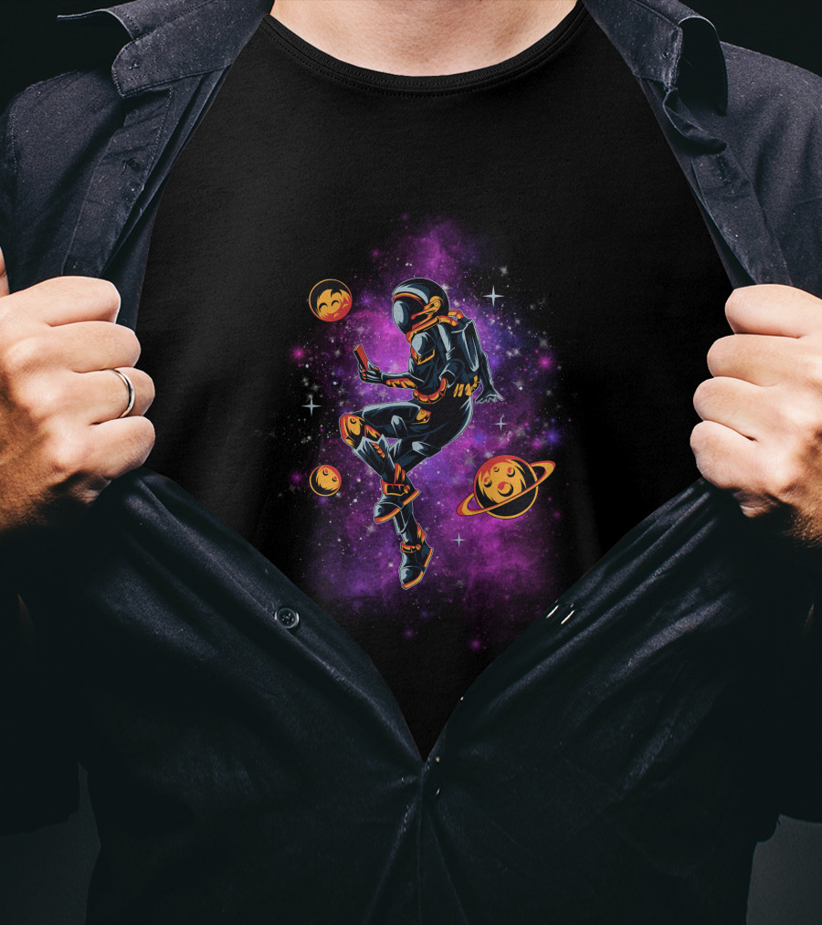 Astronaut Exploring Cosmic Emojis In Vibrant Galaxy Space Adventure T-Shirt